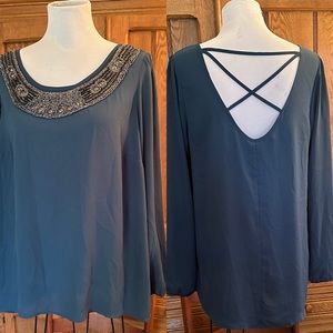 Maurices beaded blingy blouse peekaboo cut-out teal blue bohemian 0X 14W silver
